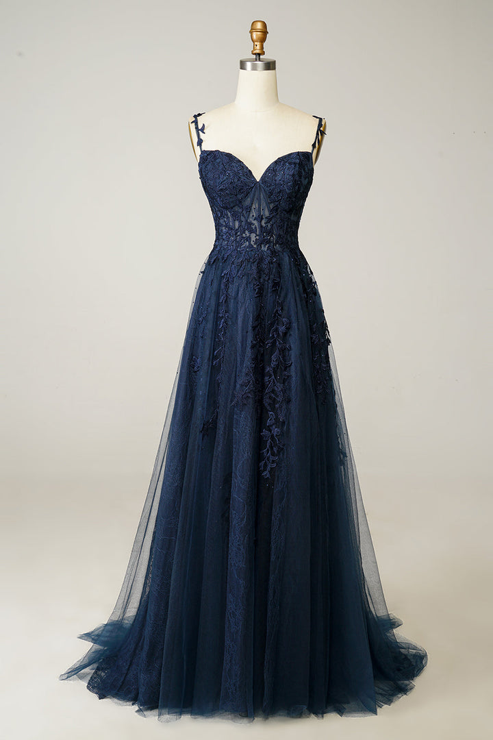 Evangeline | A-line spaghetti strap navy gown with applique