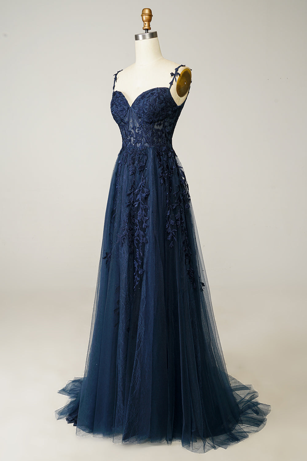 Evangeline | A-line spaghetti strap navy gown with applique