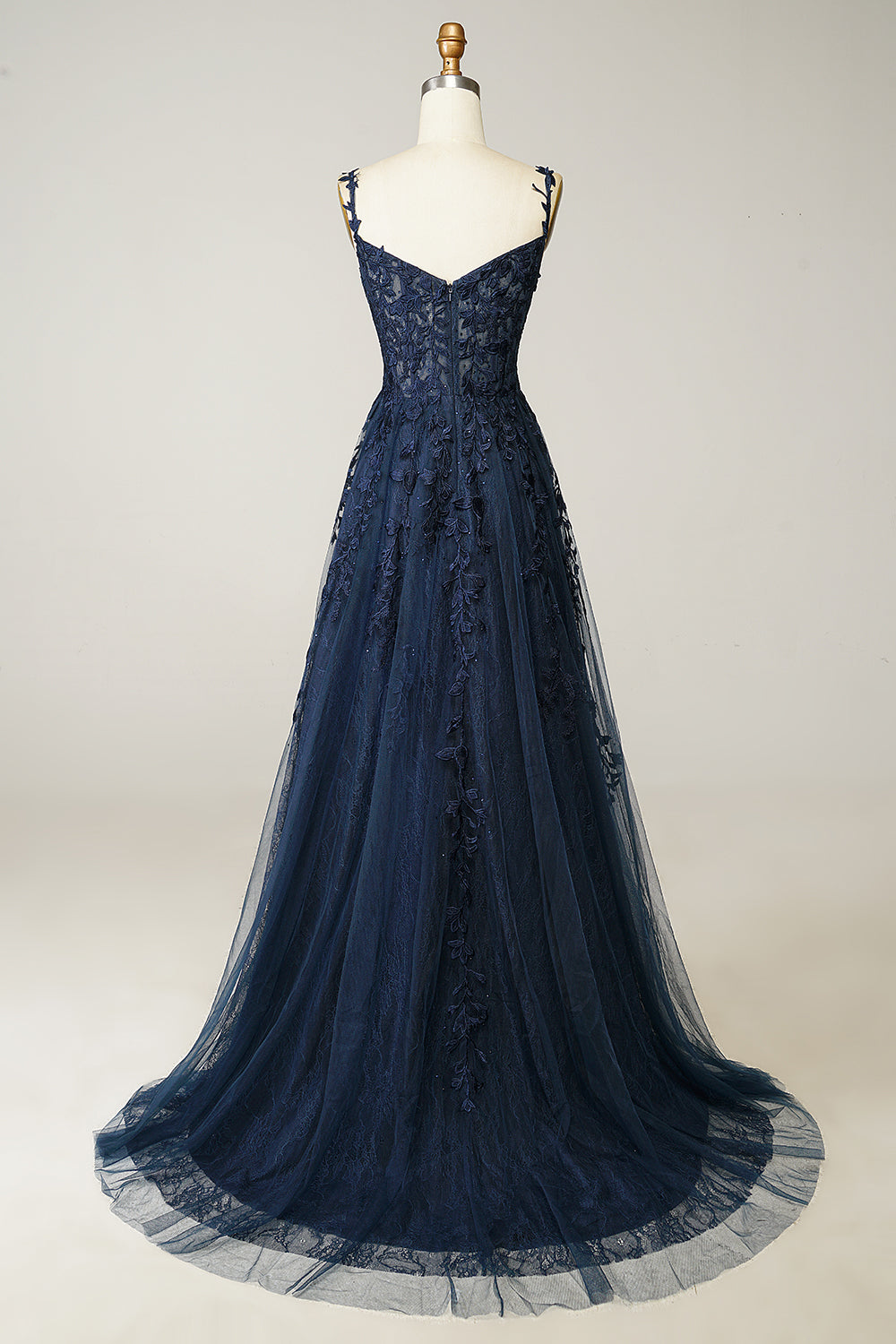 Evangeline | A-line spaghetti strap navy gown with applique