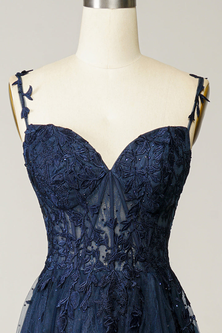 Evangeline | A-line spaghetti strap navy gown with applique