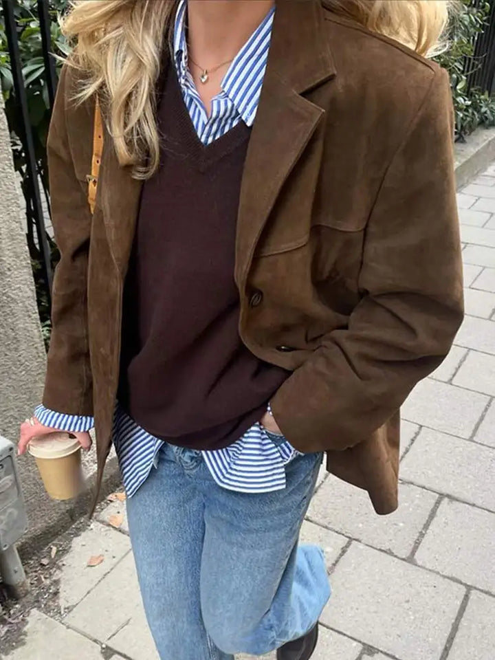 Sarah | Brown Lapel Pocket Jacket